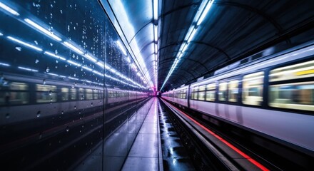 Fototapeta premium Modern subway tunnel, vibrant lights, moving train