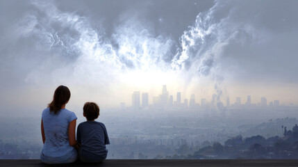 Fototapeta premium People in respiratory protective mask against air pollution and headache Suffocate. Concept of air pollution in the city. calling for urgent action to protect the environment.