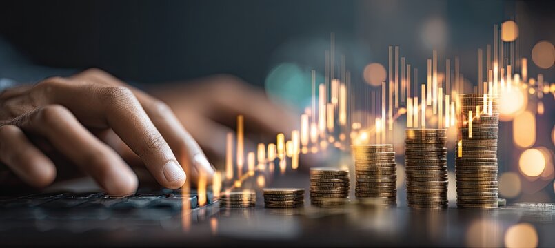 Close-up view of hands on a keyboard with stacks of coins and data visualization