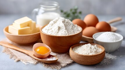 Fototapeta premium An overhead still life showcasing fresh baking ingredients such as sifted flour in wooden bowls a carton of eggs cubed butter and a jug of milk on a textured surface suggesting homemade cooking