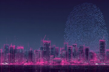 Futuristic cityscape with a digital fingerprint overlayed. Buildings glow in pink. Dark, techy feel
