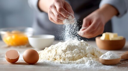 Close up of hands sifting flour into a mound on a wooden surface surrounded by fresh eggs cubed butter and other baking essentials symbolizing homemade culinary creation