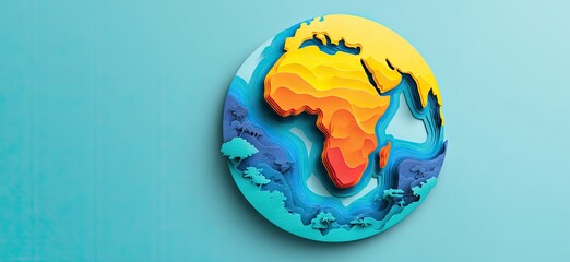 A stylized paper-cut globe emphasizing Africa in warm colors set against a light blue backdrop