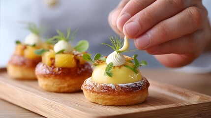 Close up of a skilled chef s hand meticulously adding a final decorative element to a beautifully crafted individual gourmet pastry highlighting culinary ry