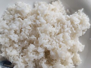 A close-up view of freshly cooked steamed white rice with soft, fluffy texture and natural grains on a clean white plate.