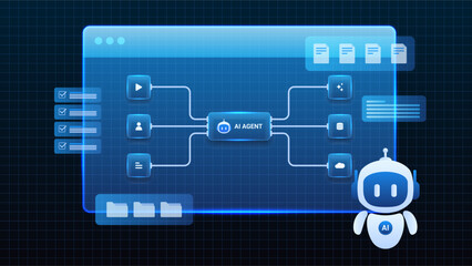 Naklejka premium AI workflow automation artificial intelligence. ai agent network diagram dashboard machine learning architecture document workflow, analytics panels and automation system.
