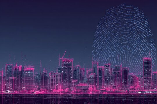 Futuristic cityscape with a digital fingerprint overlayed. Buildings glow in pink. Dark, techy feel