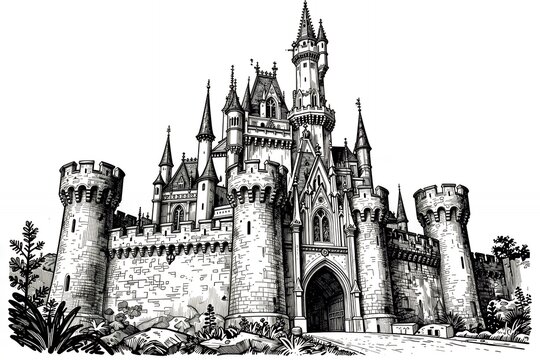 Intricately detailed black and white illustration of a grand medieval stone castle with multiple