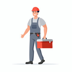 Smiling construction worker carrying toolbox walks confidently on white background, ready to start the job with a positive and professional attitude.