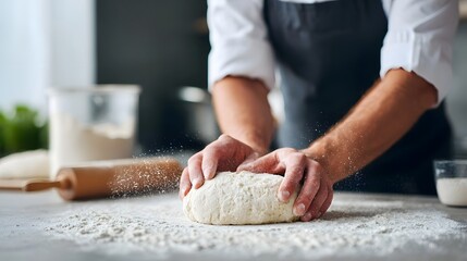 Close up of hands kneading raw dough covered in flour on a kitchen surface with baking tools like a rolling pin and flour container visible in the blurred background