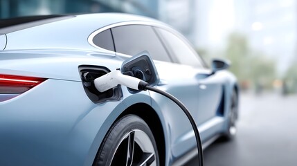 Close up view of a sleek light blue electric vehicle connected to a charging cable and port highlighting clean energy technology and automotive innovation for a sustainable future