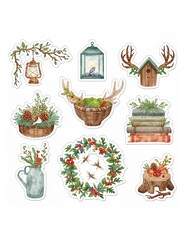 Fototapeta premium Watercolor woodland stickers featuring antlers baskets lantern wreath birdhouse and rustic elements