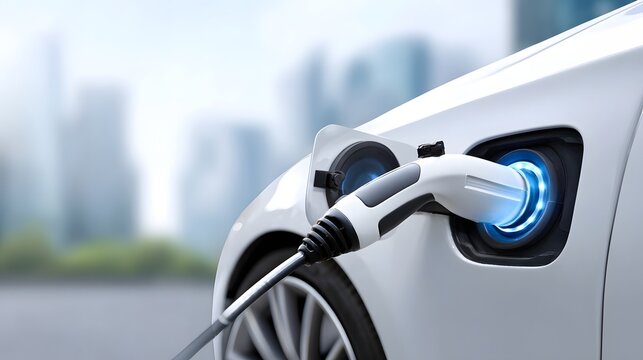 Detail view of a modern white electric vehicle being charged highlighting eco friendly transportation clean energy infrastructure and futuristic automotive technology in a city environment