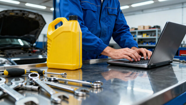 Mechanic in blue coveralls typing on laptop at stainless workbench, yellow oil containers and wrenches in automotive workshop
