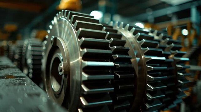 Metal gear close up industrial machine assembly in factory workshop showing machinery worker helmet and workplace health risks with safety protocols