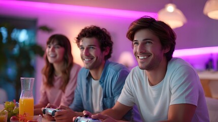 A group of young friends shares a moment of joy and connection playing video games with controllers in a modern home setting with vibrant ambient lighting