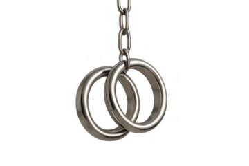 Interlocking wedding rings symbolizing love, marriage, and commitment hanging from a metal chain, transparent background