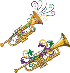 Mardi Gras Decorated Trumpets Vector Set