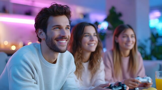 A diverse group of young adults shares a fun gaming session at home their faces lit by the vibrant hues of ambient lights showcasing camaraderie and enjoyment