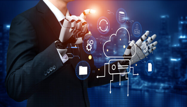 An AI managed cloud storage and data synchronization ecosystem. A concept of smart cloud computing for file storage, backup, and sharing. Motif