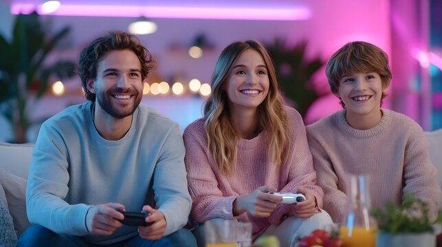 A happy family including parents and a young boy enjoy playing video games on a console together sharing fun and connection in a cozy modern living room with ambient colored lights - Powered by Adobe