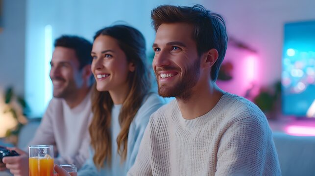 Three young adults enjoy a fun evening of gaming on a couch illuminated by vibrant neon lights sharing smiles and a refreshing drink