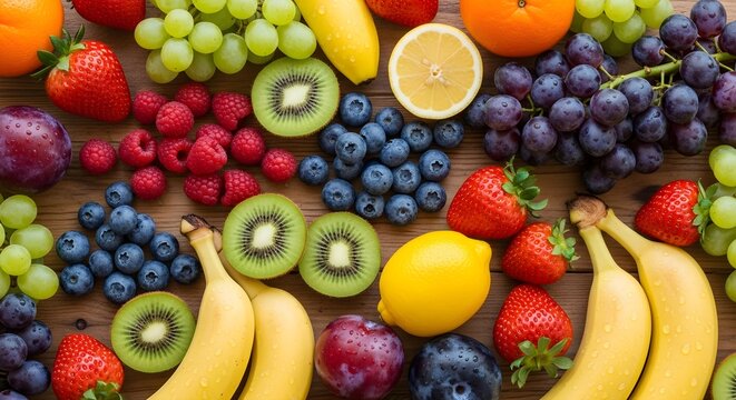 Assortment of fresh fruits strawberries grapes kiwis and more on wooden surface - Powered by Adobe