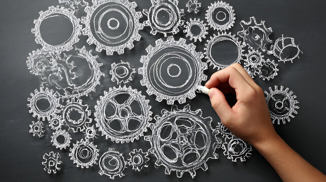 Hand drawing interlocking gears with chalk on a dark surface mechanism - Powered by Adobe