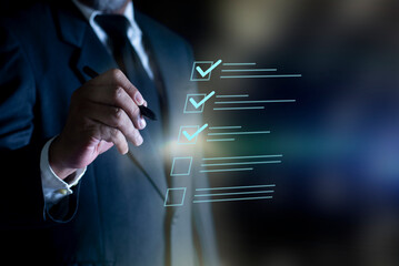 Businessmen mark checklist on a touch screen with a futuristic and innovative approach to task management. Digital file checklist, document management online