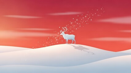 White reindeer on snowy hill with falling snowflakes and red sky winter