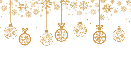 Elegant gold Christmas background with hanging baubles, snowflakes, stars and confetti on white, perfect for festive greeting cards, holiday banners, invitations and seasonal winter celebrations.