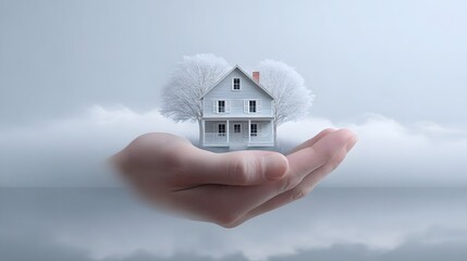 A human hand carefully holds a small model of a house situated between two bare trees set against a soft cloudy and serene background representing security and investment in a home