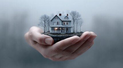 Hands cradle a tiny lit house on a patch of land surrounded by barren trees emerging from a soft atmospheric mist evoking feelings of protection dreams and cherished ownership