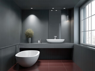 Modern bathroom with freestanding bathtub, vessel sink, large window, gray walls, and minimalist decor create calm, elegant atmosphere