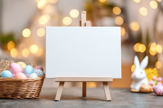 Blank white welcome sign on an easel for a modern mockup. Easter template with colorful eggs in the nest basket and cute bunny. Spring holidays concept. Stylish border. Happy Easter. Greeting card