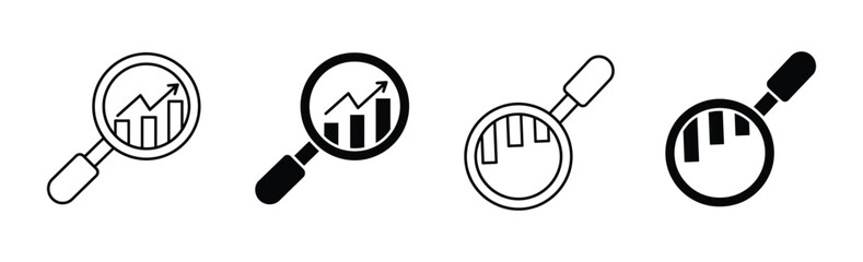 Increase and decrease search icon. Magnifying Glass with Down Arrow Indicating Search for Decrease. Analyze market trends with magnifying glass for data insight.  illustration vector.