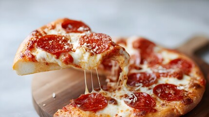 A mouth watering slice of pepperoni pizza featuring stretchy melted cheese and a golden crust is lifted from the whole pie presented on a rustic wooden board