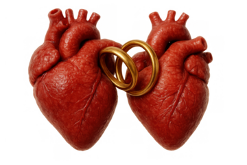 Two realistic human hearts intertwined with wedding rings, symbolizing committed love, marriage, and an unbreakable bond