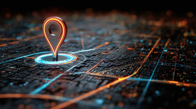A glowing location pin highlighting a route map, signifying navigation and location