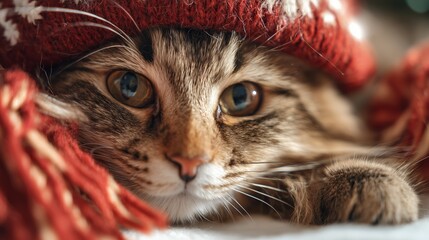 Cute cat wearing red knit hat relaxes indoors during cozy winter afternoon