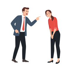 Angry boss scolding employee, workplace stress and verbal conflict. Flat vector illustration isolated on white background