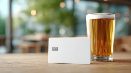 A white credit card with an embedded chip is placed on a wooden table next to a pint of golden beer with a blurred background suggesting an outdoor dining establishment