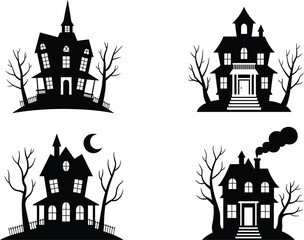 Collection of spooky haunted house silhouettes with barren trees, eerie atmosphere, Halloween theme, creepy architecture, and dark mysterious night illustration elements