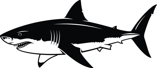 Detailed black and white great white shark vector illustration, aggressive marine predator silhouette design for ocean wildlife artwork and educational graphics