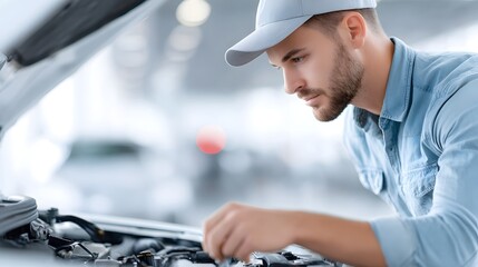 A skilled male mechanic dressed in a cap and denim shirt is focused on inspecting and repairing a car s engine bay showcasing professional automotive service in a clean garage setting