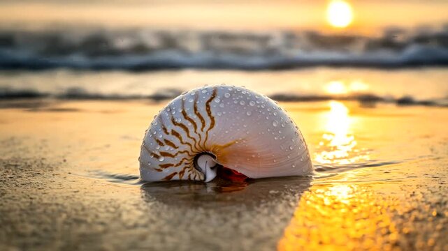 Nautilus Shell Washed Ashore During Golden Hour Sunset Reflection.