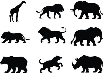 Wild animal silhouette collection featuring lions, elephants, giraffe, bear, rhino and predator shapes ideal for wildlife design, decoration, vector artwork