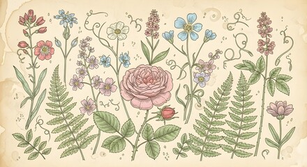 Elegant floral arrangement illustration with detailed botanical elements in soft tones