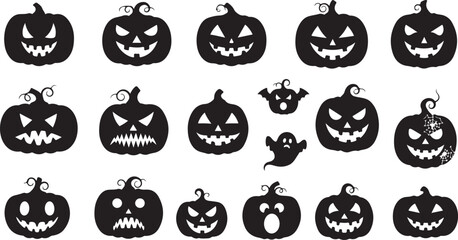 “Halloween Pumpkin Faces Silhouette Collection – Spooky Jack-O’-Lantern Vector Set”