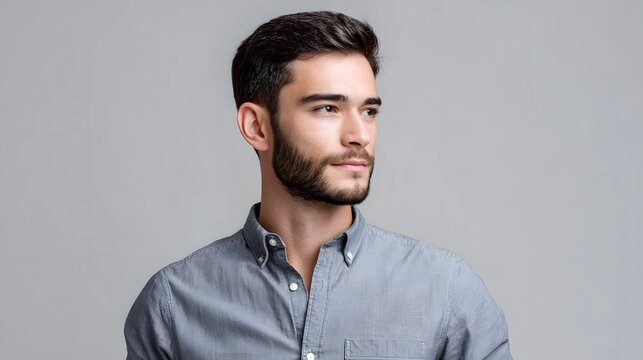 Professional studio portrait of a handsome man with neatly styled hair and a beard wearing a casual button down shirt with a neutral expression and gaze directed away from the
